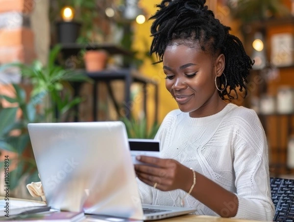 Obraz A woman holding a credit card while using her laptop for an online purchase in a cozy indoor environment.
