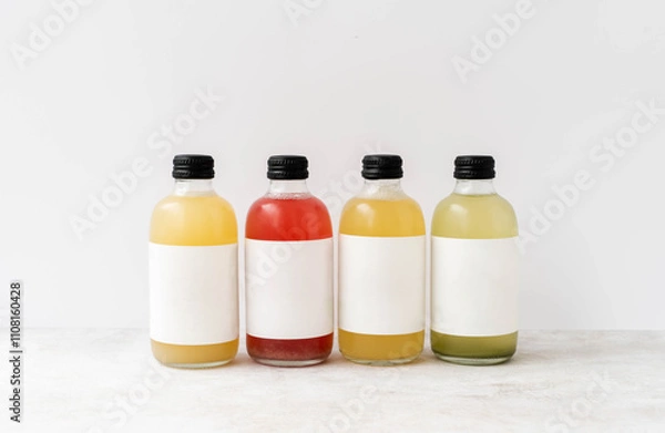 Fototapeta Four small transparent glass bottles with black caps, filled with colorful kombucha of yellow, red, and green, standing on a white surface
