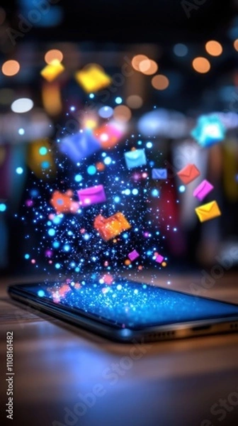 Fototapeta Colorful email icons floating from a smartphone on a wooden table with bokeh lights in the background.
