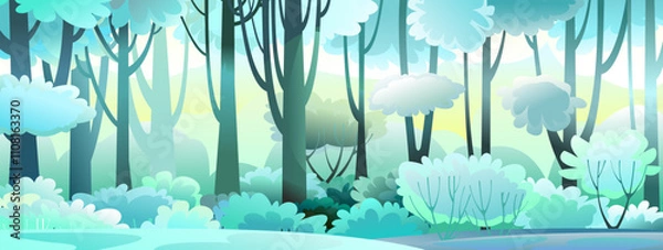 Fototapeta Frost and winter snow. Forest landscape. Cold weather. Beautiful blue. Scenery with trees. Fun cartoon style. Image vector