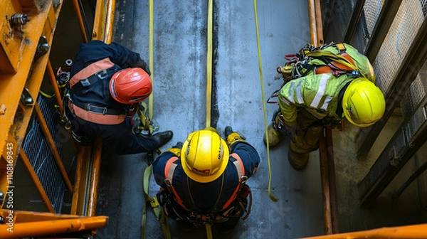 Obraz Workers Following Confined Space Entry Procedures with Permit, Ventilation Equipment, and Safety Harnesses --ar 16:9.illustration