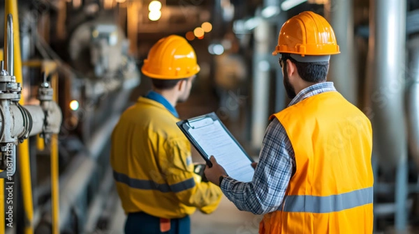 Obraz Auditors Conducting Safety Audit of Confined Space Entry Procedures with Permits and Gas Detection Equipment --ar 16:9.illustration