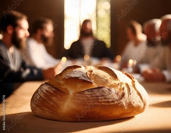 Fototapeta a close up of bread at the last supper with the apostles softly blurred in the background