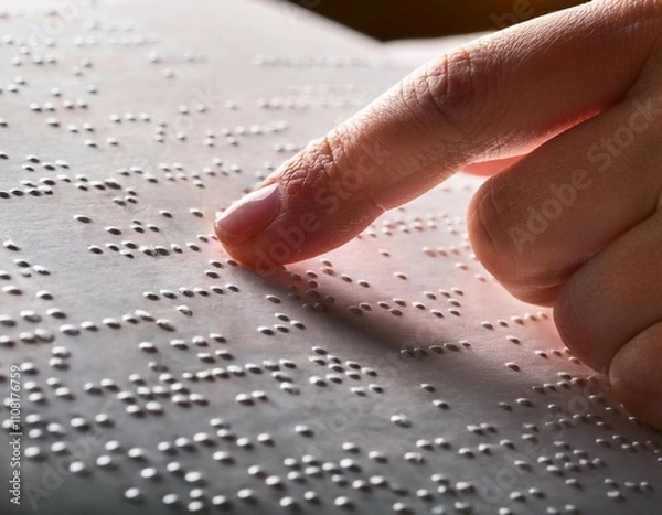 Fototapeta close up of a hand gently reading braille touch and sensory learning concept