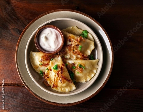 Fototapeta eastern european pierogi dish featuring handmade dumplings with various fillings topped with caramelized onions and a side of sour cream