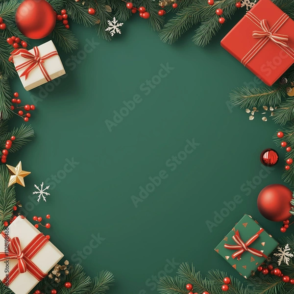 Fototapeta Green background with Christmas decorations and gifts on the edges, empty space in the center for text