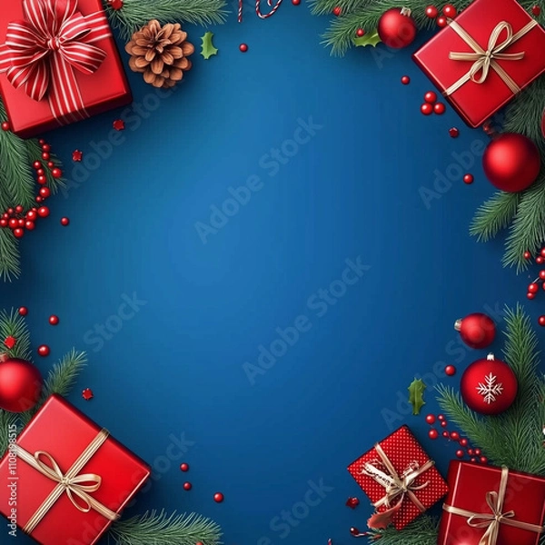 Fototapeta Blue background with Christmas decorations and gifts on the edges, empty space in the center for text