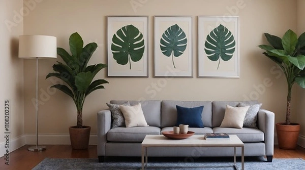 Fototapeta A modern living room with a sofa against a soft colour wall featuring vertical poster frames in wooden frame borders 3d illustration template.