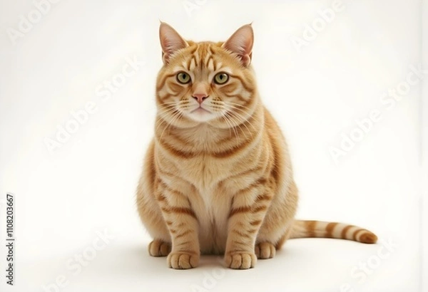 Fototapeta A cat with a yellow face is sitting on a white background. The cat has a very cute and friendly expression