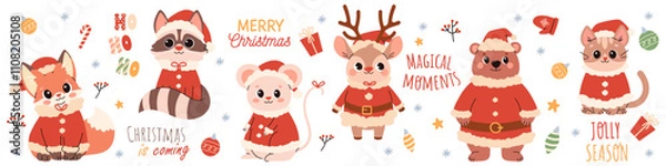 Fototapeta Set of cute illustrations with Christmas theme. Collection of animals in Santa Claus costume in children's style, raccoon mouse hare fox deer bear on white background with christmas lettering. Vector