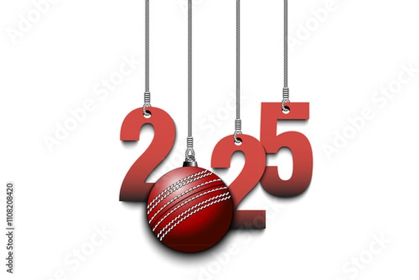 Fototapeta Numbers 2025 and cricket ball as a Christmas decorations are hanging on strings. New Year 2025 are hang on cords. Template design for greeting card. Vector illustration on isolated background