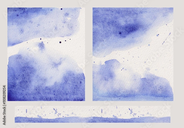 Fototapeta Several watercolor backgrounds in winter style. Abstract blue stains that can be used for backgrounds in postcards, banners, flyers, cards.