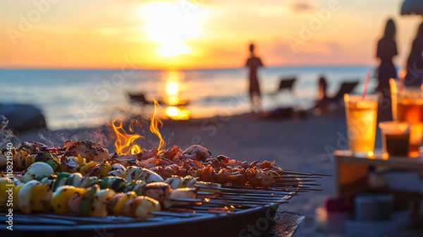 Fototapeta A beach barbecue party with seafood skewers, grilled chicken, and cold drinks, with the ocean and sunset in the background.