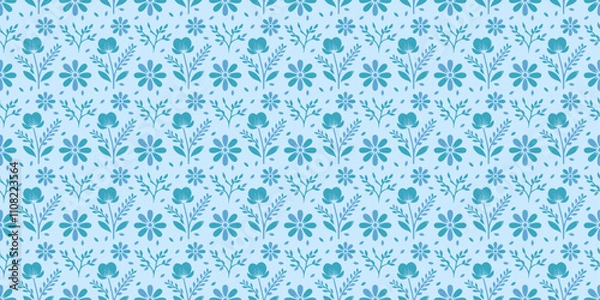 Fototapeta Seamless Teal Floral Pattern Design: Elegant Blue Flower Background
