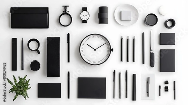 Obraz 미니멀한 블랙 사무용품 배열, AI 생성