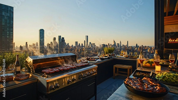 Fototapeta A luxurious rooftop barbecue with steaks sizzling on the grill, surrounded by a city skyline and guests enjoying cocktails.