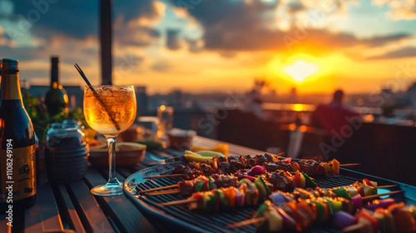 Fototapeta A rooftop barbecue at sunset with vibrant skewers and cocktails served to friends.