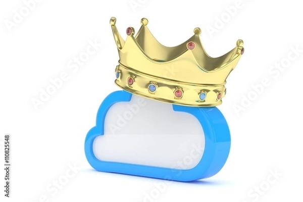 Fototapeta Cloud with golden crown on white background. Model of best network, database, cloud storage. Royal technology. 3D rendering.