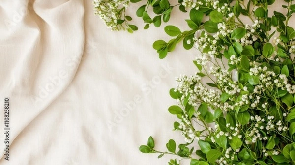 Fototapeta Fresh Greenery and White Flowers on Soft Fabric Background