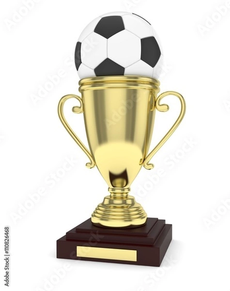 Fototapeta Golden cup and ball on white background. 3D rendering.