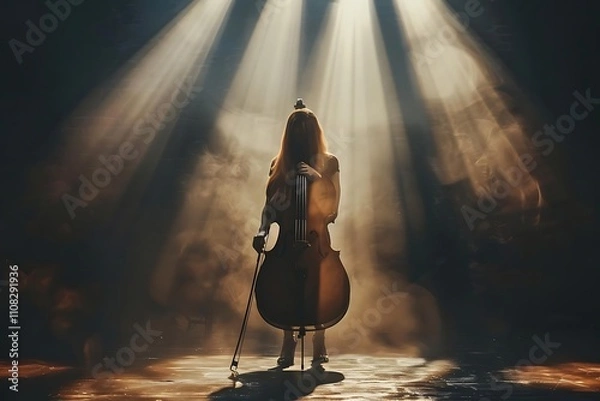 Fototapeta Woman cellist on stage, backlit by dramatic lighting, creating a silhouette effect with smoke.