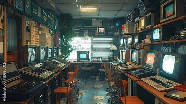 Fototapeta Retro room filled with vintage televisions, computers, and electronic equipment.