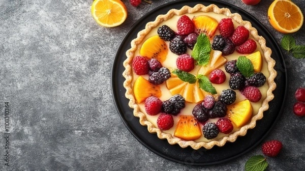 Fototapeta A delicious looking fruit pie with a variety of fruits including raspberries