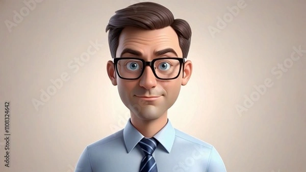 Fototapeta A 3D cartoon man with brown hair, wearing glasses and a blue shirt and tie, looks at the camera with a smile.