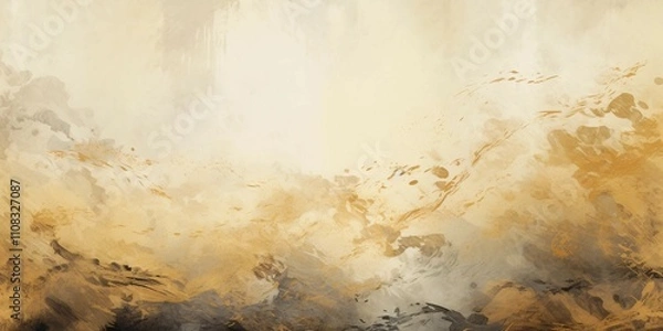 Obraz ベージュ背景に黒と金色の筆跡。アンティーク和風抽象横長バナー