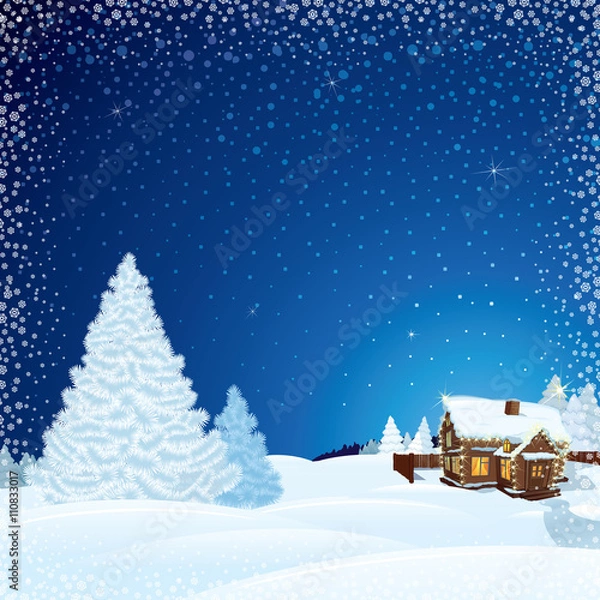 Obraz Winter Scene with Wooden House. Image