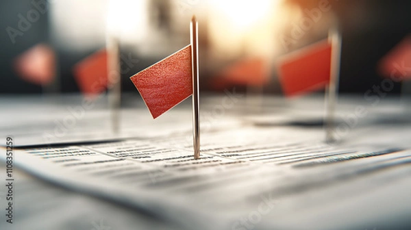 Fototapeta Fraud warning abstract concept. A close-up view of small red flags planted on documents, suggesting a warning or importance highlighted in a professional setting.