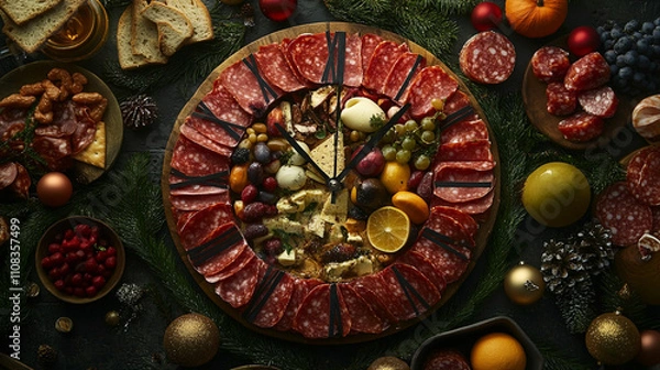 Fototapeta Charcuterie board with assorted meats, cheeses, and fruits for festive gathering