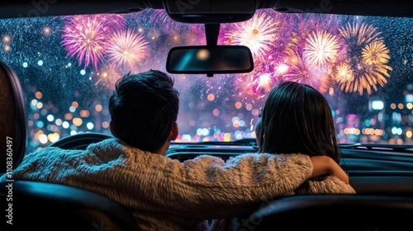 Fototapeta Couple watching fireworks display through car window on New Year’s Eve night
