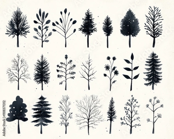 Fototapeta collection of monochrome watercolor tree illustrations