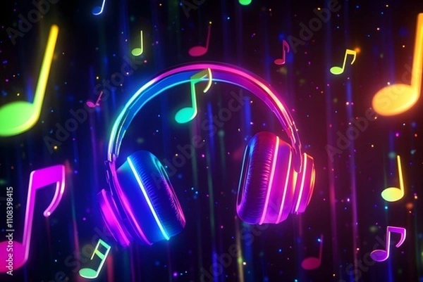 Fototapeta Glowing neon headphones and music notes illuminating a silent disco party against a dark background.