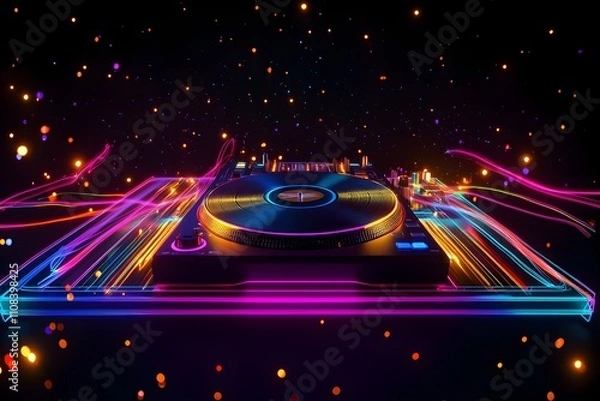 Fototapeta A dynamic scene featuring a neon wireframe DJ booth spinning vinyl records at a silent disco party, isolated on a dark background.