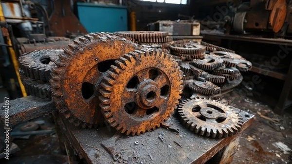 Fototapeta Rusty Metal Gears and Tools from an Old Factory Setting, Highlighting Vintage Industrial Treasures and Timeworn Machinery Components in a Gritty Environment