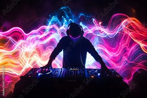 Fototapeta A captivating illustration of a DJ playing music at a silent disco party, highlighted by neon colors on a black background.