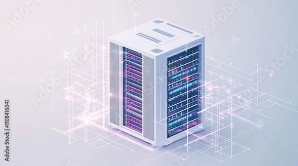 Fototapeta White and blue abstract network on server room data center 3D rendering, connection network data center room storage systems.

