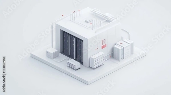Fototapeta White and blue abstract network on server room data center 3D rendering, connection network data center room storage systems.

