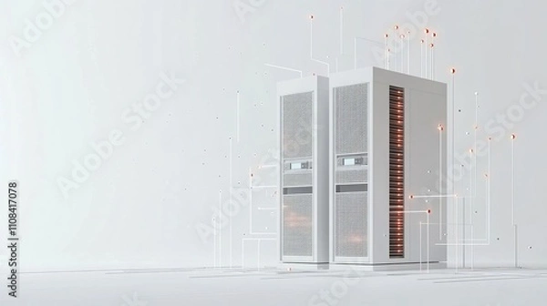Fototapeta White and blue abstract network on server room data center 3D rendering, connection network data center room storage systems.
