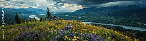 Fototapeta Serene mountain landscape with vibrant wildflowers in the foreground and a winding river under a cloudy sky.