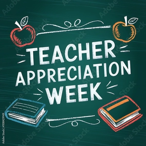 Fototapeta Teacher Appreciation Week Chalkboard Design With Apples And Books