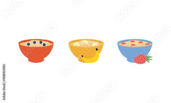 Fototapeta Oatmeal set. Collection of cups of oatmeal porridge with various fruits