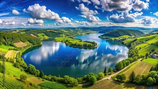 Fototapeta Serene Landscape of a Winding Lake Surrounded by Lush Green Hills and Reflecting a Blue Sky with Fluffy Clouds