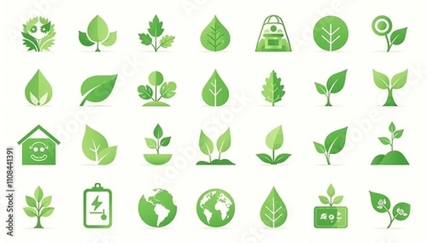 Obraz Ecology icon set. Environment, sustainability, nature, recycle, renewable energy; electric bike, eco-friendly, forest, wind power, green symbol. Solid icons vector, generative ai