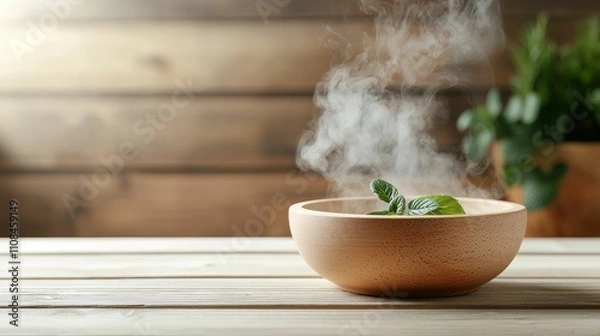 Obraz spa sauna herbal concept, A steaming bowl with fresh herbs sits on a wooden table, exuding warmth and inviting aromas in a cozy setting.