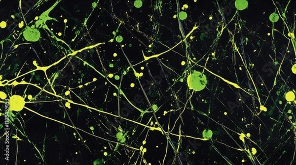 Fototapeta Black background with neon green paint splashes