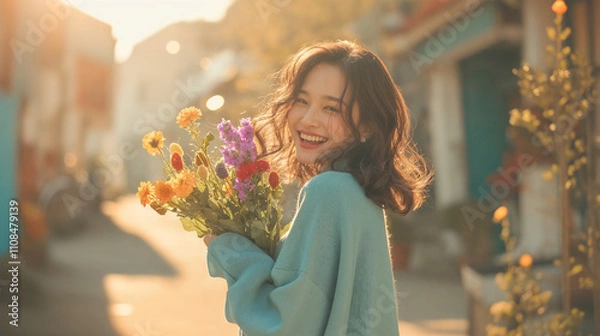 Obraz 花束を持つ若い女性