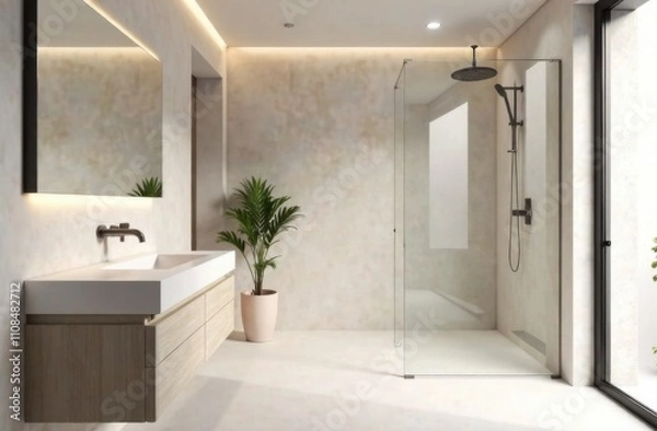 Fototapeta A refined bathroom with minimalist design, including a floating vanity, a walk-in rain shower, and elegant fixtures.